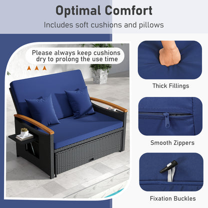 Outdoor Wicker Daybed with Folding Panels and Storage Ottoman, Dark Blue