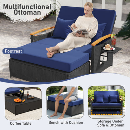 Outdoor Wicker Daybed with Folding Panels and Storage Ottoman, Dark Blue