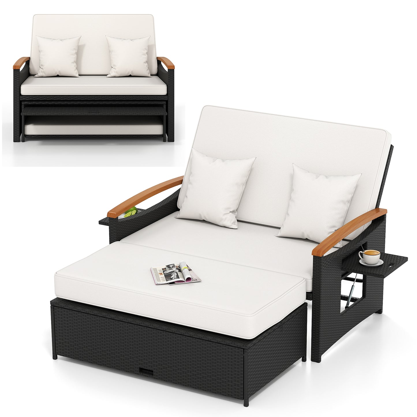 Outdoor Wicker Daybed with Folding Panels and Storage Ottoman, White