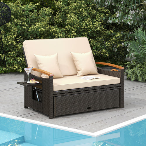 Outdoor Wicker Daybed With Folding Panels, Storage Ottoman, Beige