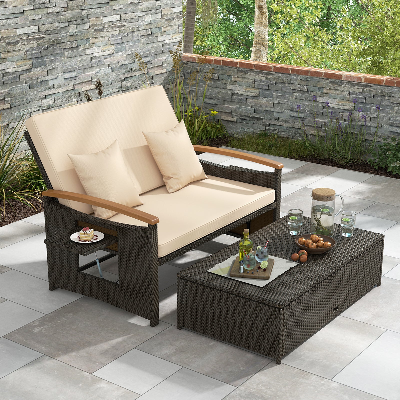 Outdoor Wicker Daybed With Folding Panels, Storage Ottoman, Beige Outdoor Seating & Patio Chairs at Gallery Canada