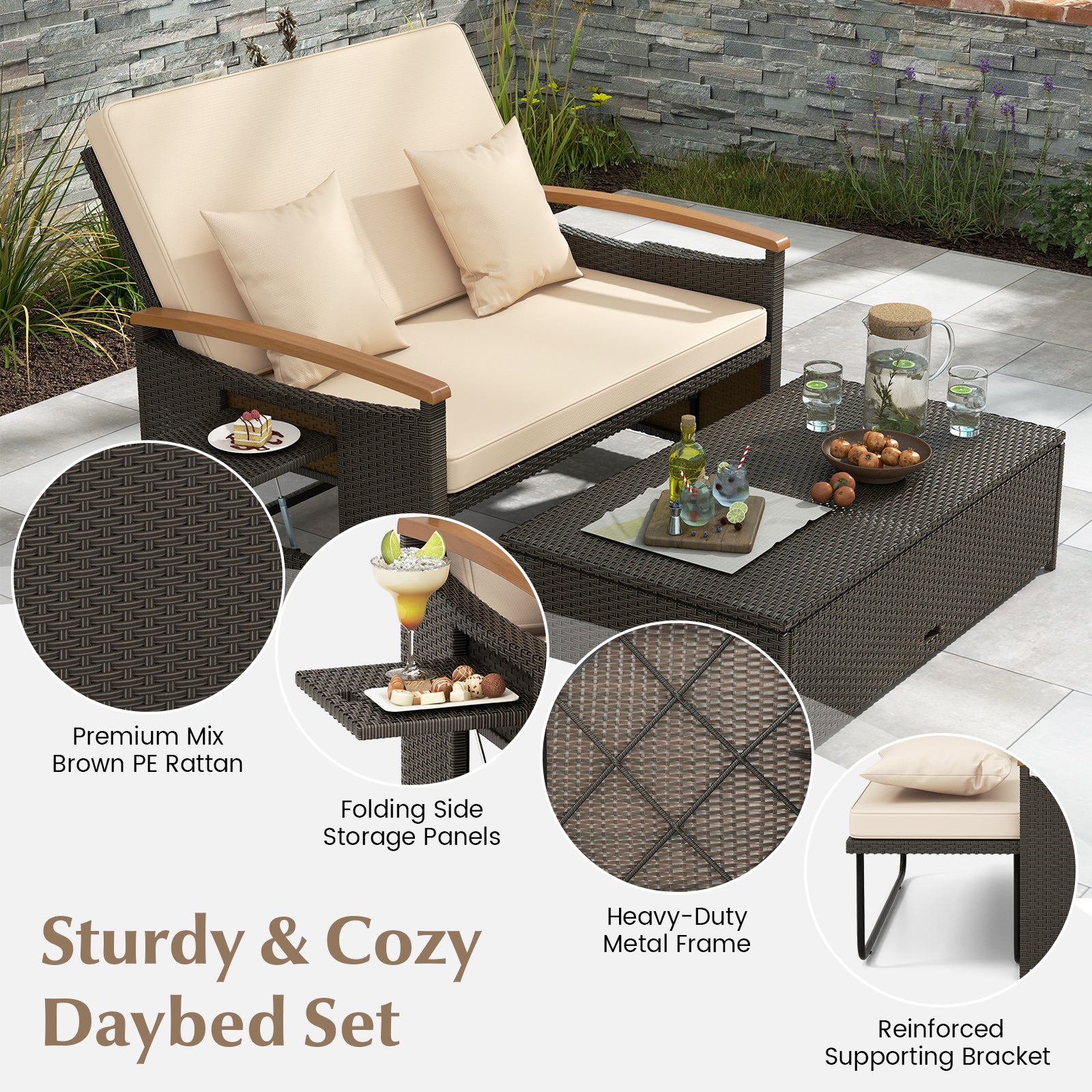Outdoor Wicker Daybed With Folding Panels, Storage Ottoman, Beige Outdoor Seating & Patio Chairs at Gallery Canada