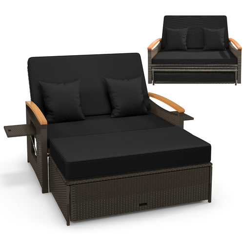 Outdoor Wicker Daybed With Folding Panels, Storage Ottoman, Black