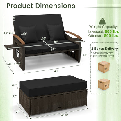Lit de jour en rotin d'extérieur avec panneaux pliants, pouf de rangement, noir