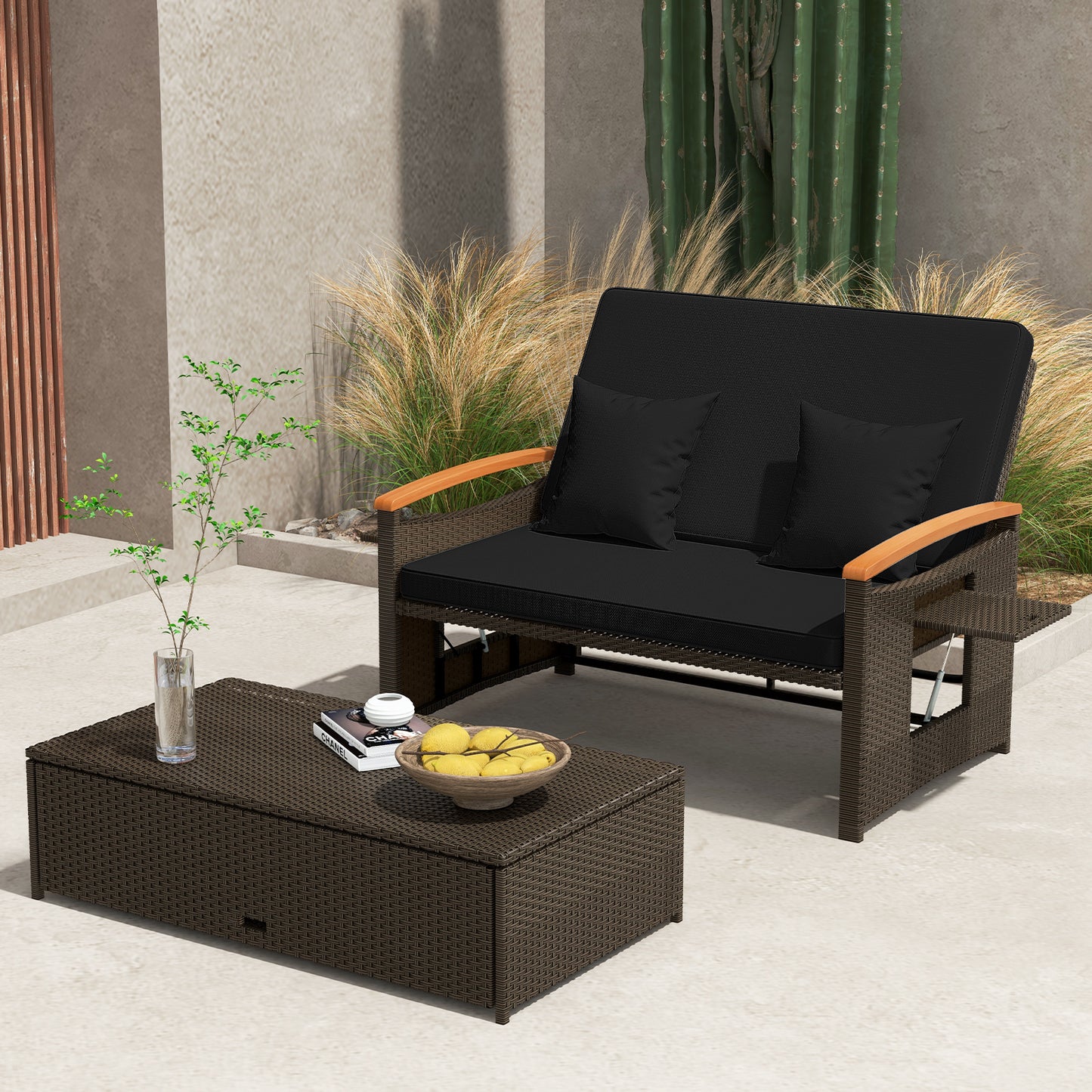 Lit de jour en rotin d'extérieur avec panneaux pliants, pouf de rangement, noir