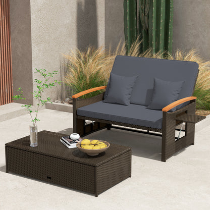 Lit de jour en osier d'extérieur avec panneaux rabattables, pouf de rangement, gris