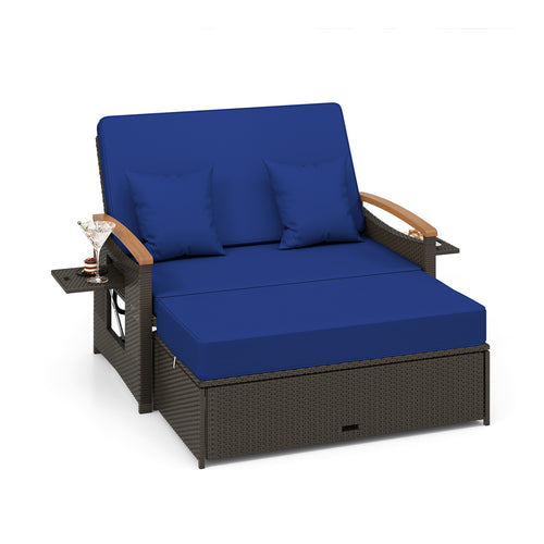 Outdoor Wicker Daybed With Folding Panels, Storage Ottoman, Navy