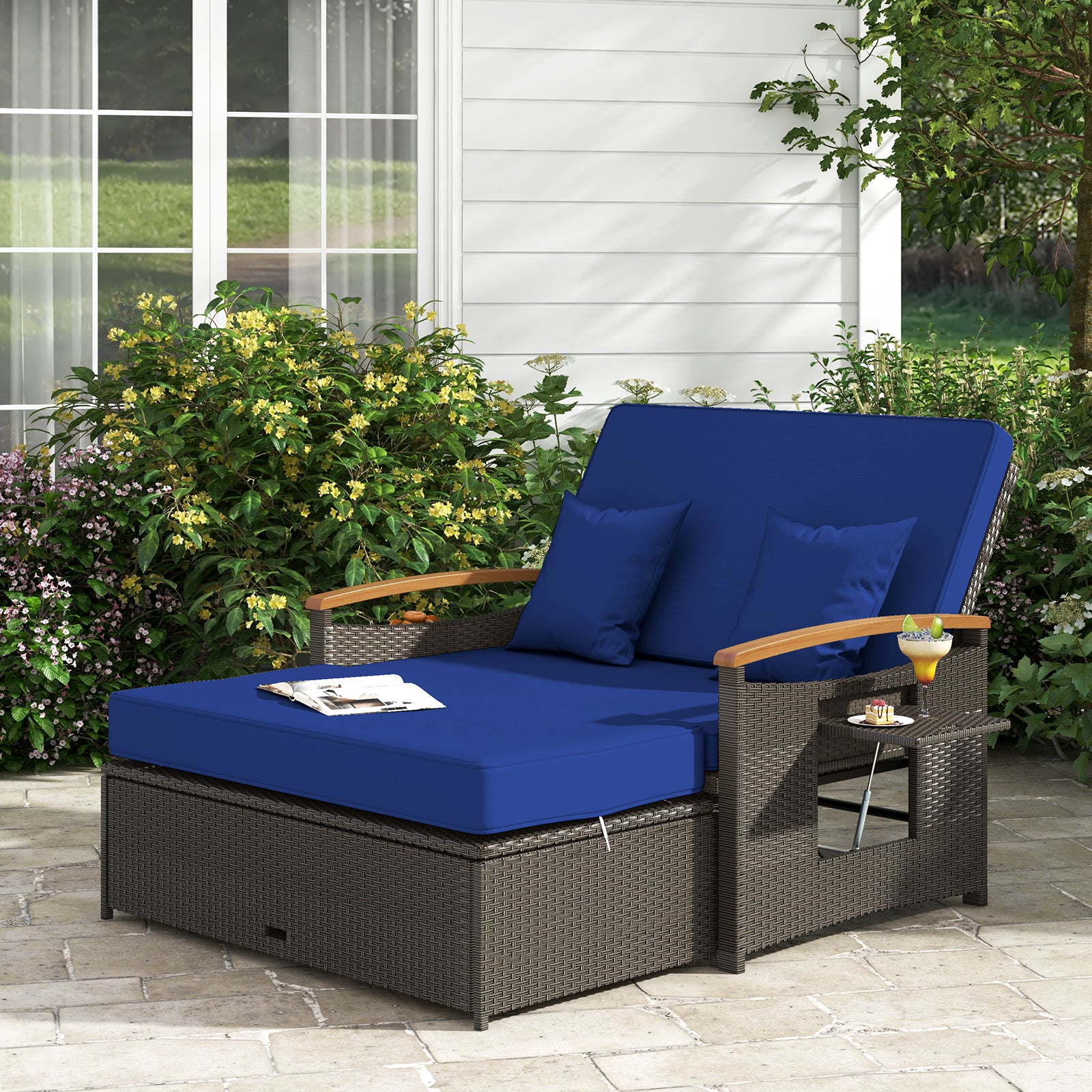 Outdoor Wicker Daybed With Folding Panels, Storage Ottoman, Navy Outdoor Seating & Patio Chairs at Gallery Canada