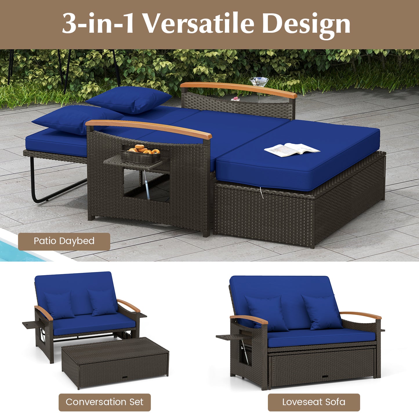 Outdoor Wicker Daybed With Folding Panels, Storage Ottoman, Navy Outdoor Seating & Patio Chairs at Gallery Canada