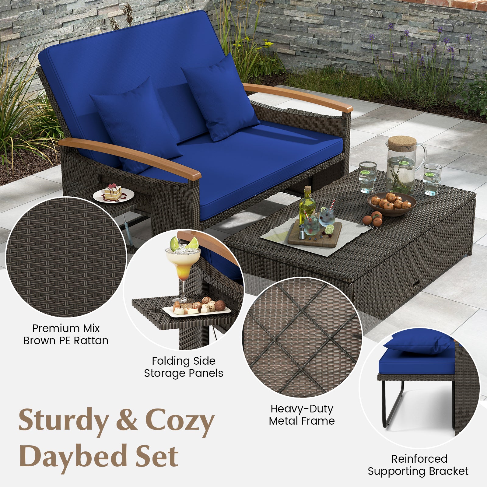Outdoor Wicker Daybed With Folding Panels, Storage Ottoman, Navy Outdoor Seating & Patio Chairs at Gallery Canada
