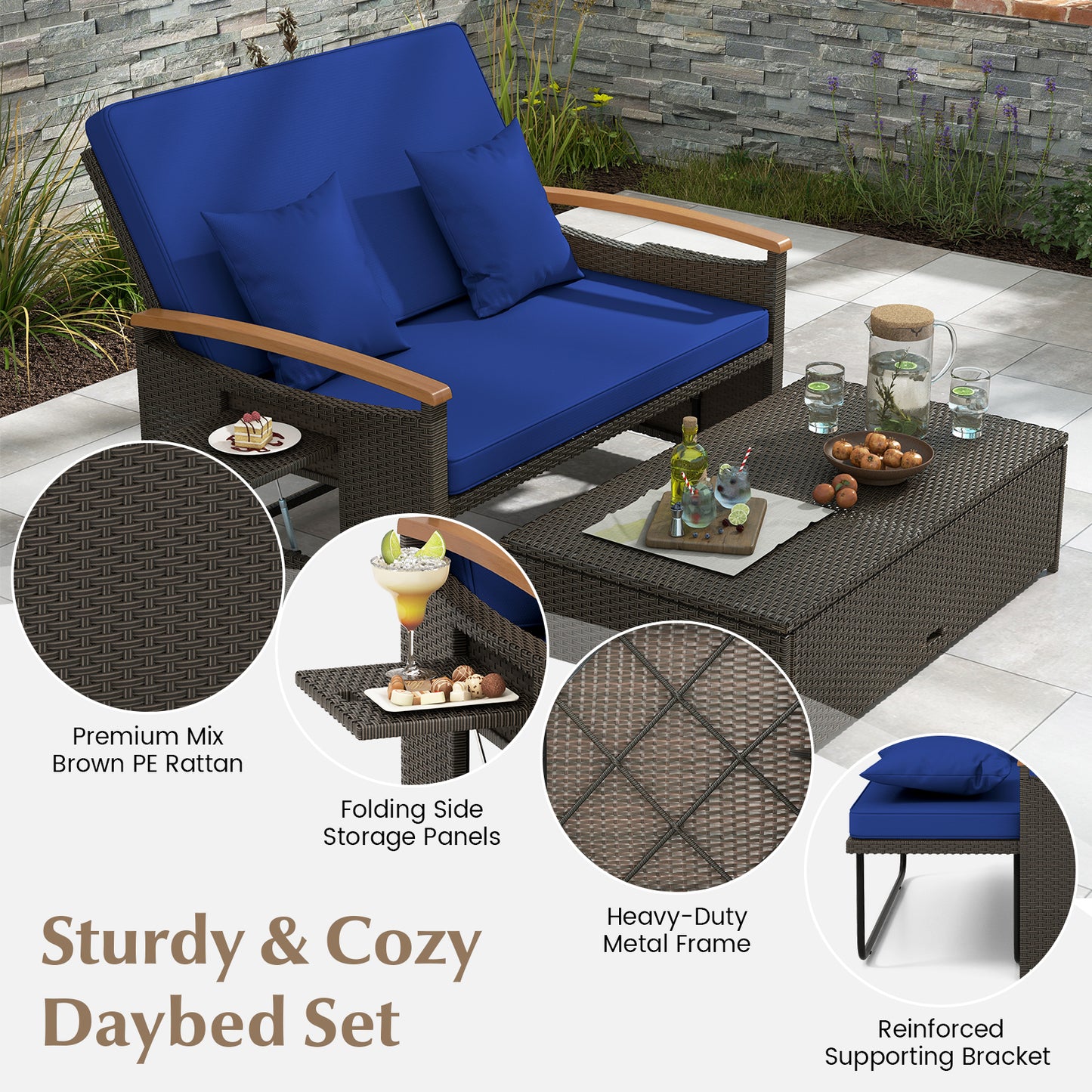 Outdoor Wicker Daybed With Folding Panels, Storage Ottoman, Navy Outdoor Seating & Patio Chairs at Gallery Canada