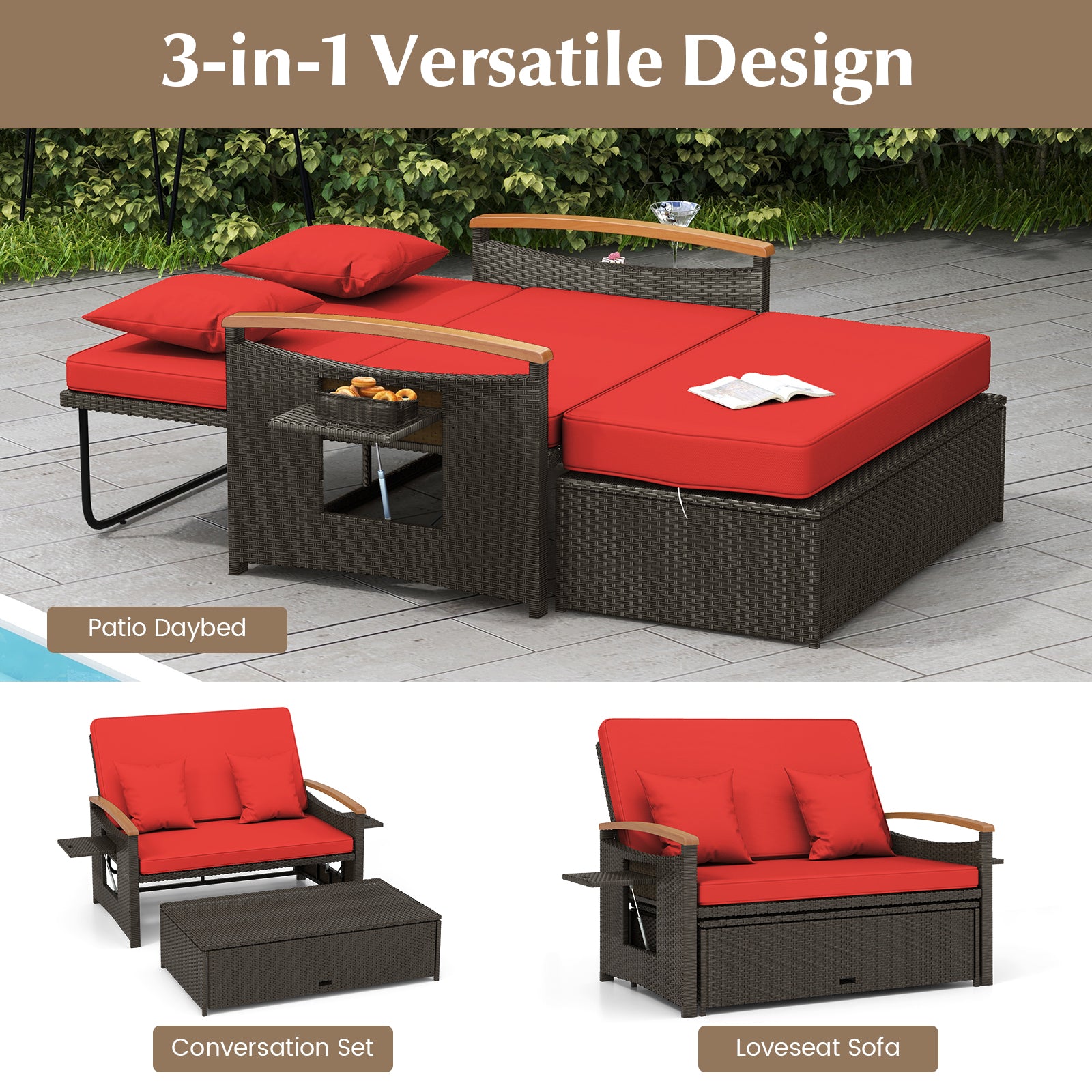 Outdoor Wicker Daybed With Folding Panels, Storage Ottoman, Red Outdoor Seating & Patio Chairs at Gallery Canada