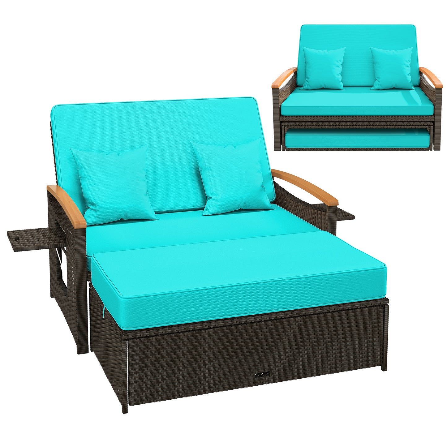 Lit de jour en osier d'extérieur avec panneaux rabattables, pouf de rangement, vert