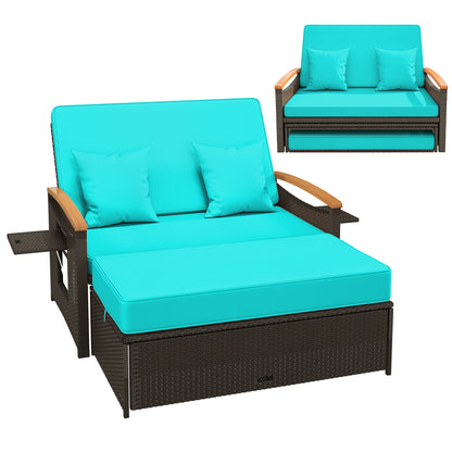 Lit de jour en osier d'extérieur avec panneaux rabattables, pouf de rangement, vert