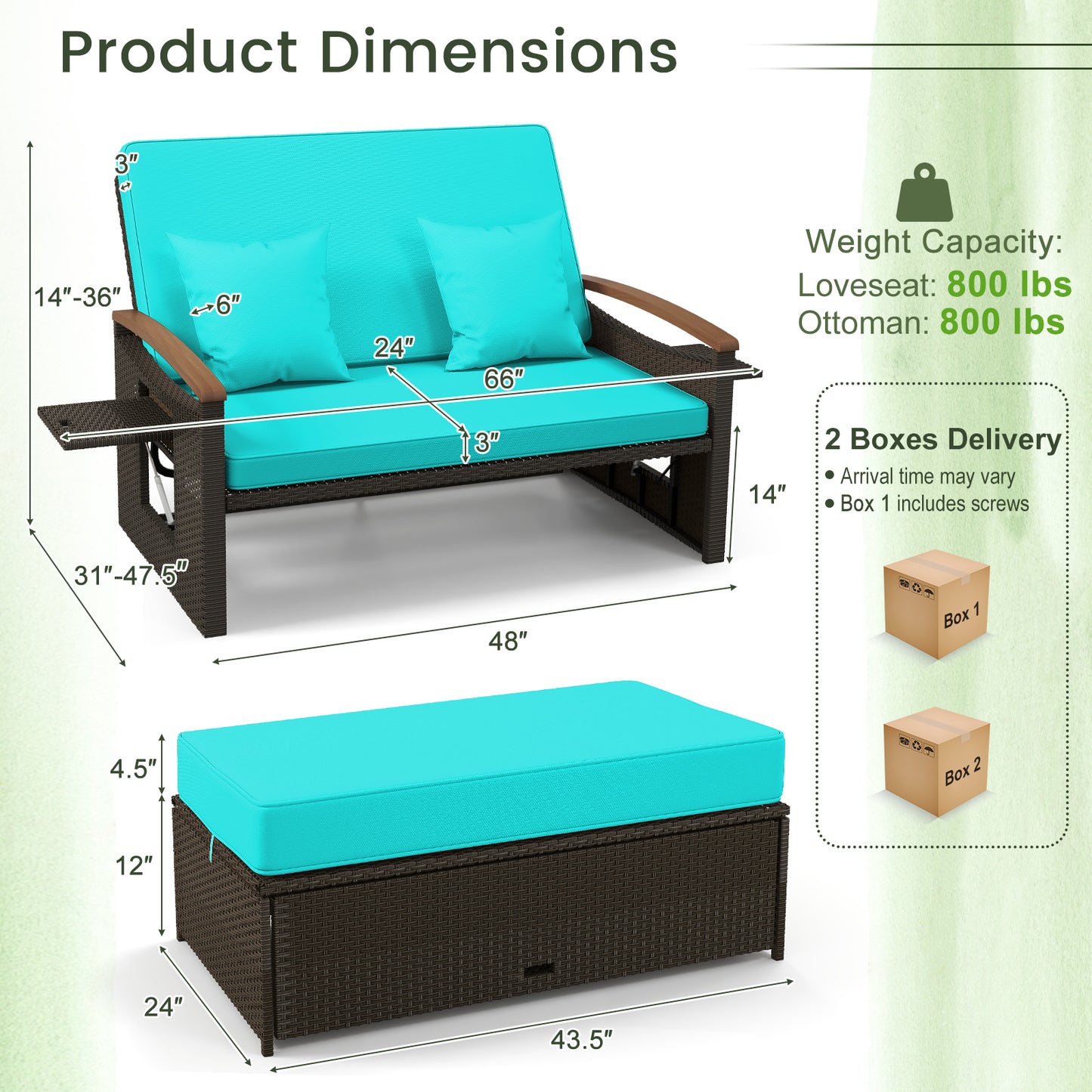 Lit de jour en osier d'extérieur avec panneaux rabattables, pouf de rangement, vert