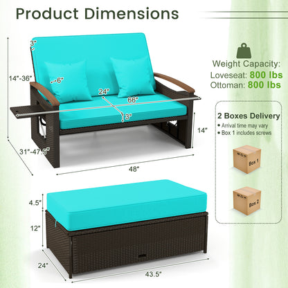 Lit de jour en osier d'extérieur avec panneaux rabattables, pouf de rangement, vert