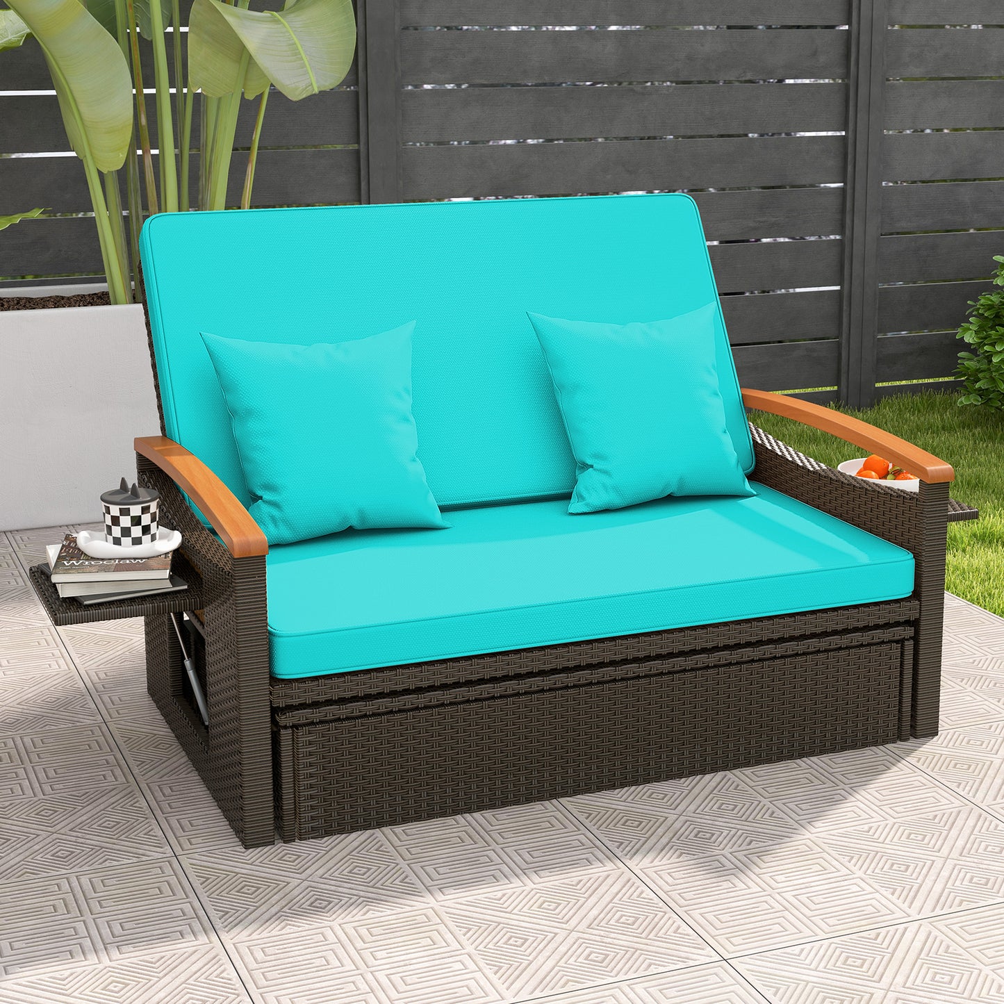 Lit de jour en osier d'extérieur avec panneaux rabattables, pouf de rangement, vert