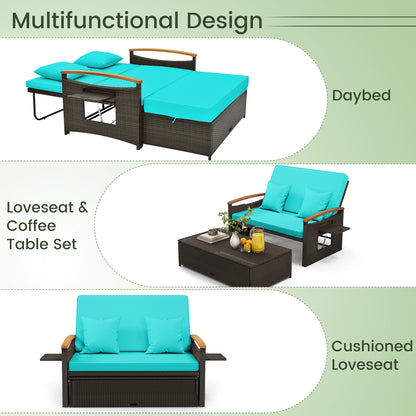 Lit de jour en osier d'extérieur avec panneaux rabattables, pouf de rangement, vert