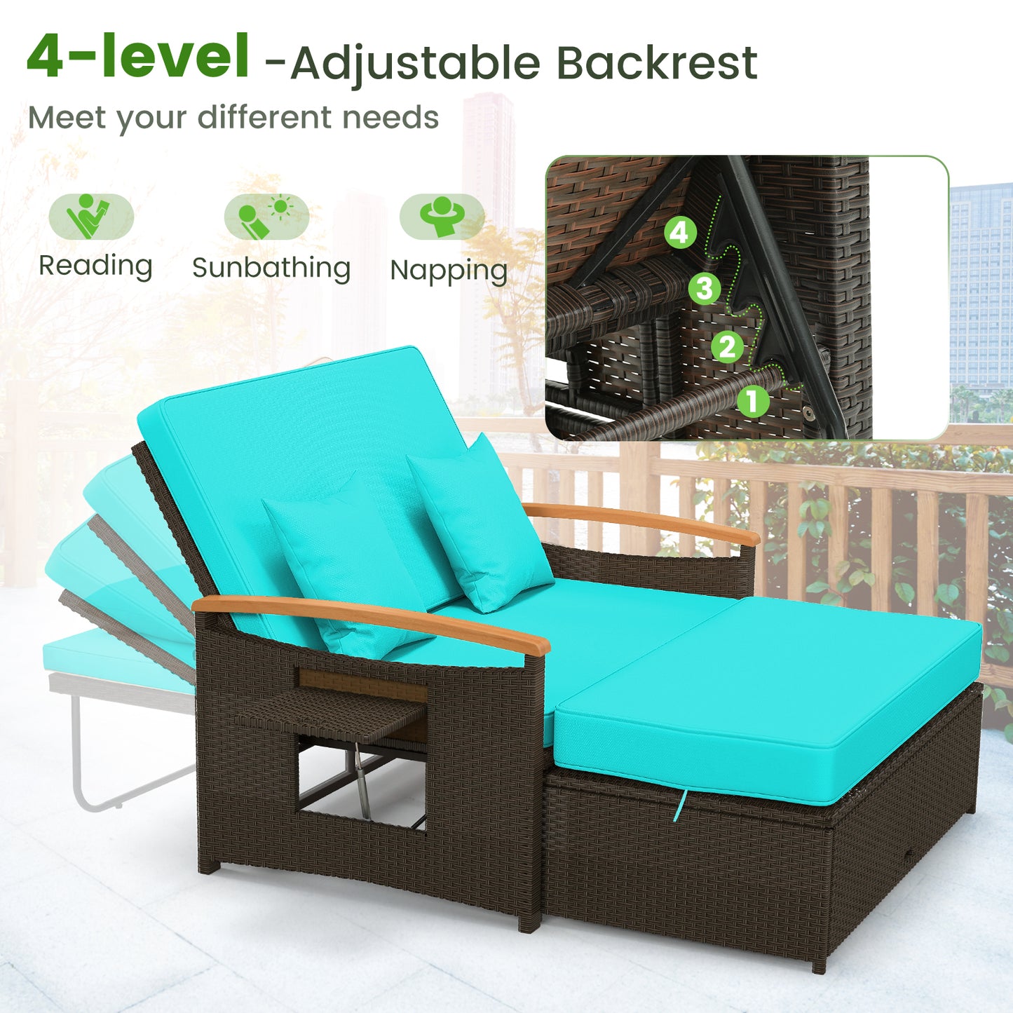 Lit de jour en osier d'extérieur avec panneaux rabattables, pouf de rangement, vert