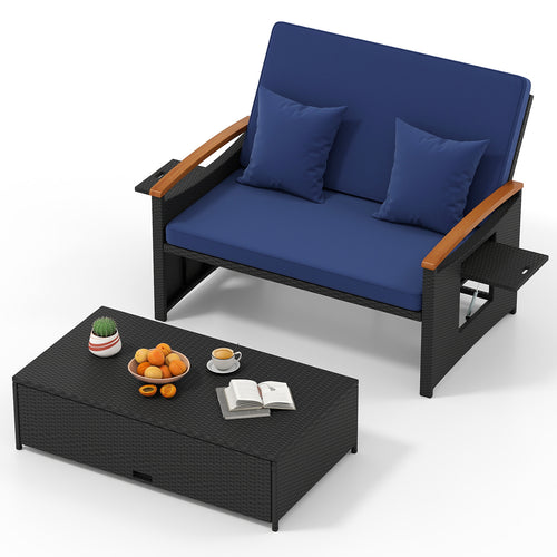 Outdoor Wicker Daybed with Folding Panels and Storage Ottoman, Dark Blue