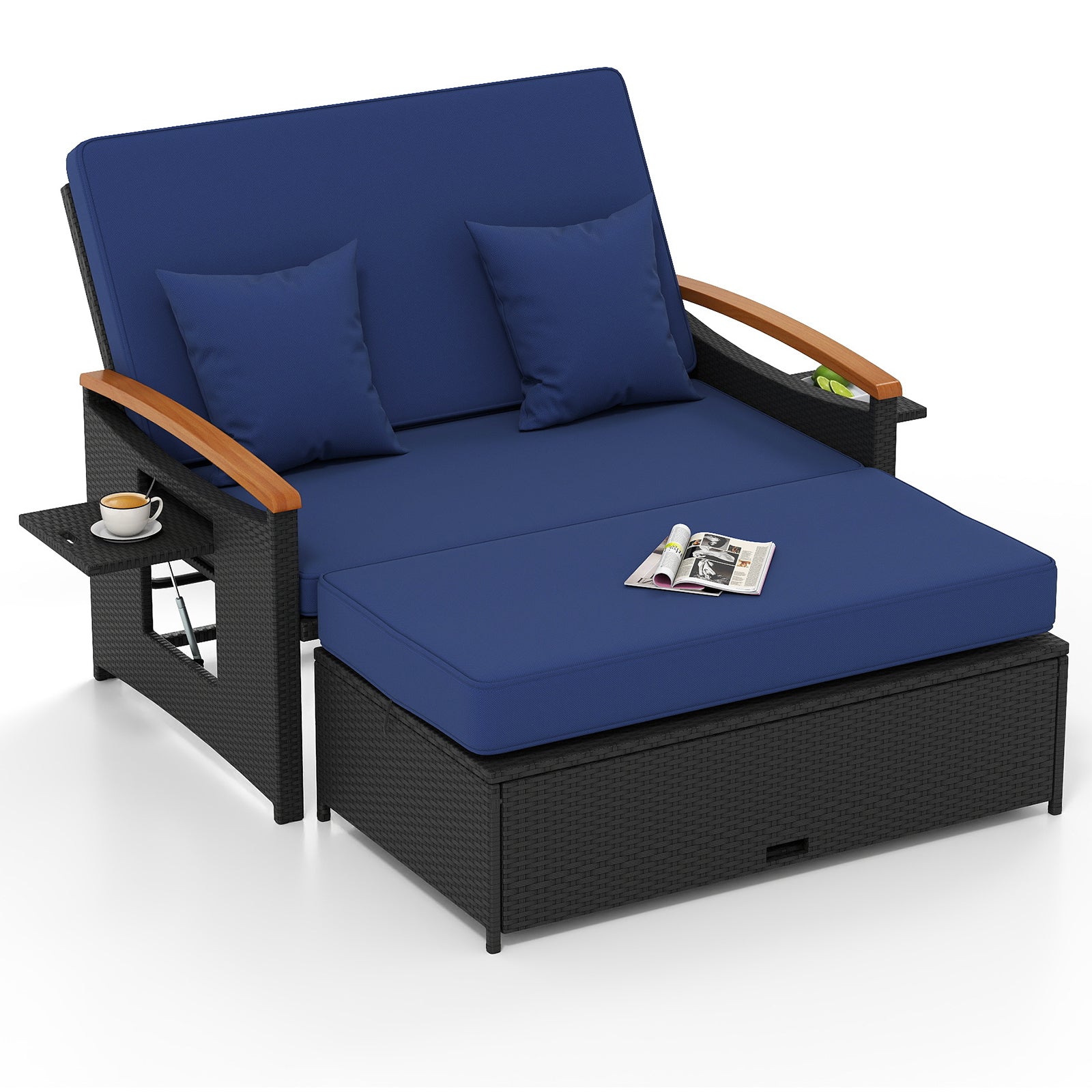 Outdoor Wicker Daybed with Folding Panels and Storage Ottoman, Dark Blue Outdoor Seating & Patio Chairs at Gallery Canada