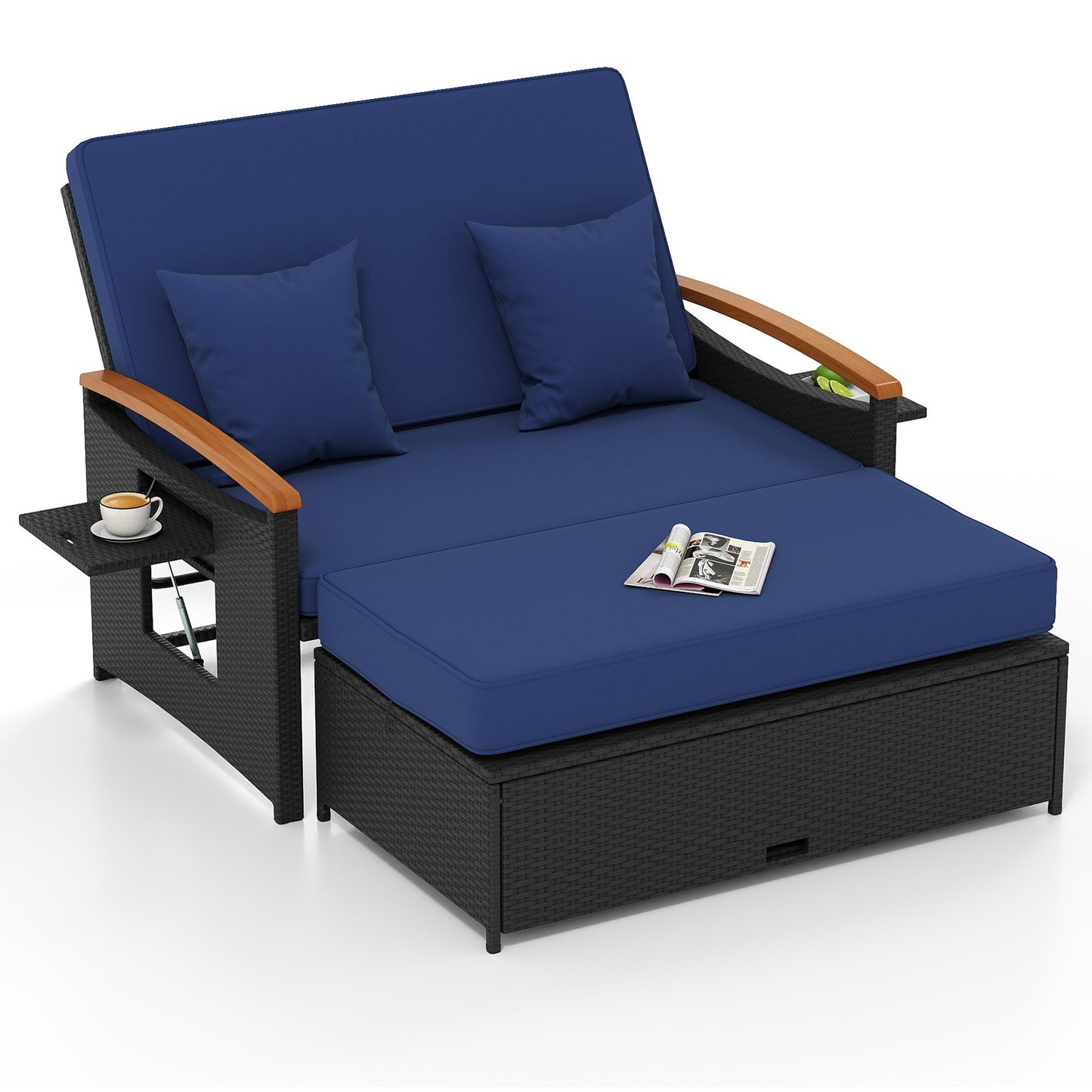 Outdoor Wicker Daybed with Folding Panels and Storage Ottoman, Dark Blue Outdoor Seating & Patio Chairs at Gallery Canada
