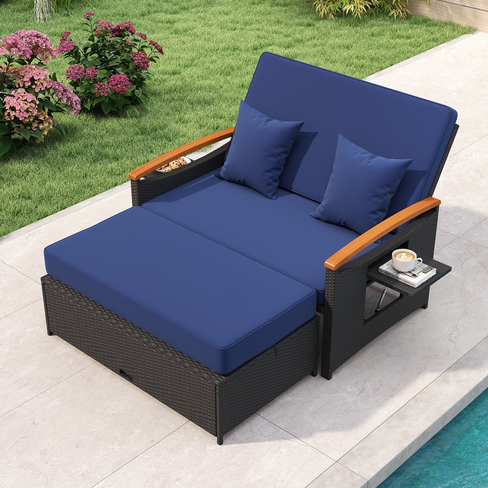 Outdoor Wicker Daybed with Folding Panels and Storage Ottoman, Dark Blue Outdoor Seating & Patio Chairs at Gallery Canada