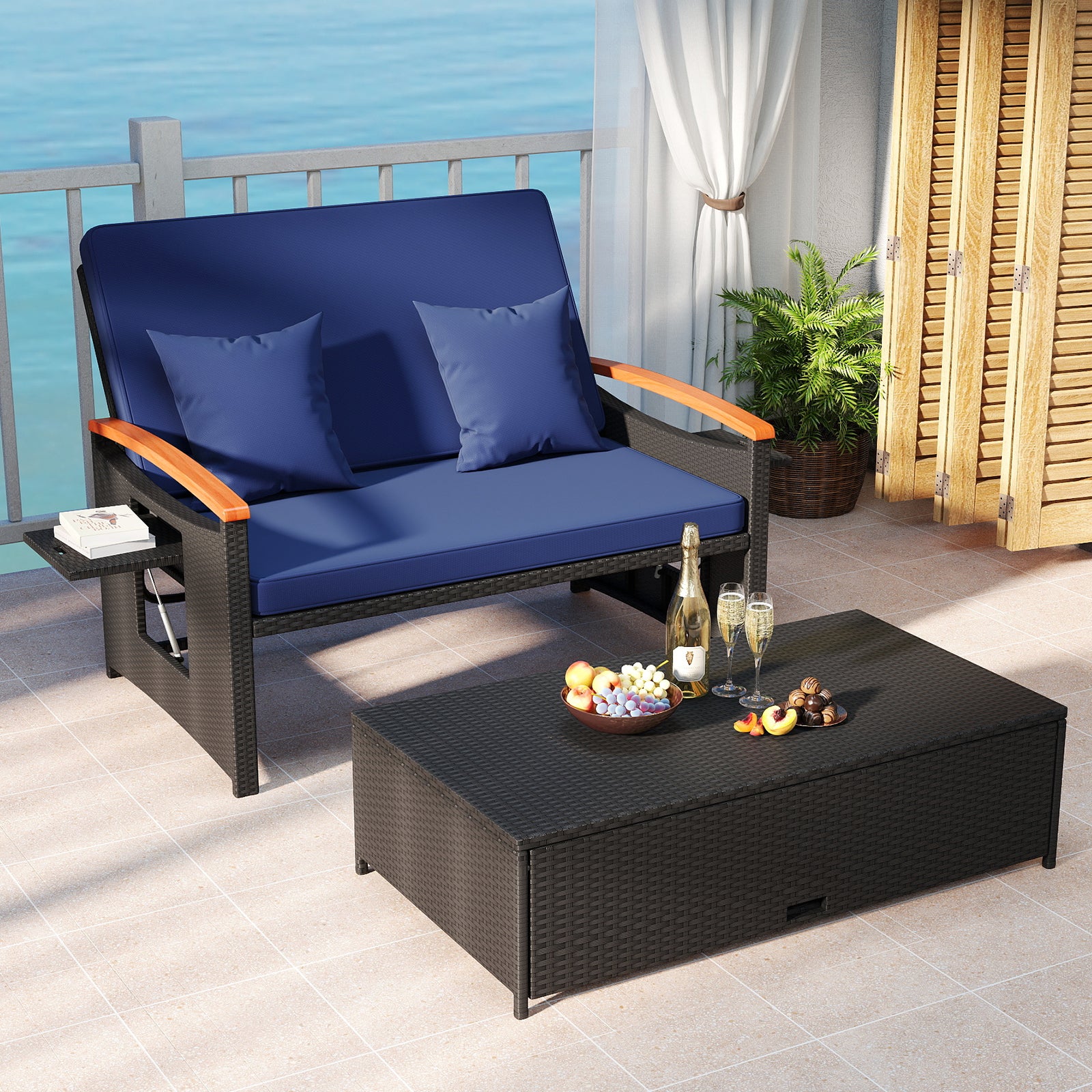 Outdoor Wicker Daybed with Folding Panels and Storage Ottoman, Dark Blue Outdoor Seating & Patio Chairs at Gallery Canada