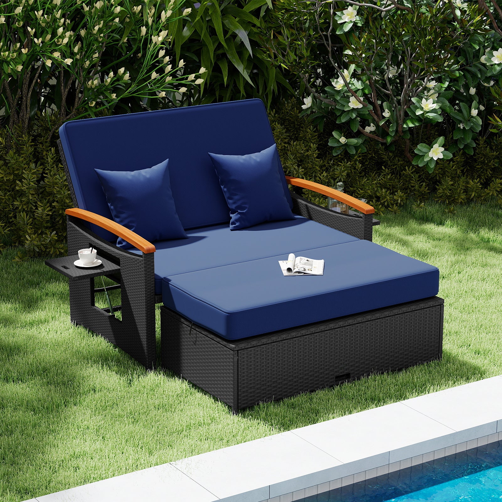 Outdoor Wicker Daybed with Folding Panels and Storage Ottoman, Dark Blue Outdoor Seating & Patio Chairs at Gallery Canada