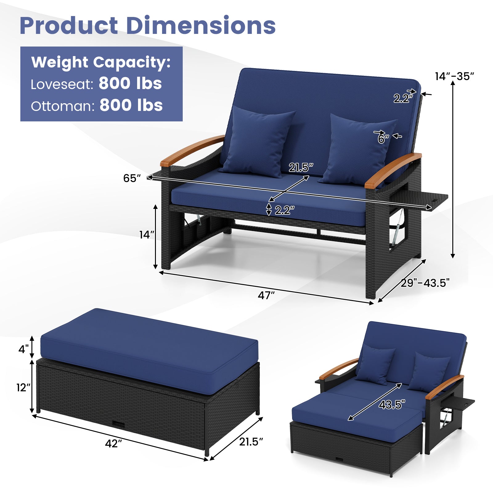 Outdoor Wicker Daybed with Folding Panels and Storage Ottoman, Dark Blue Outdoor Seating & Patio Chairs at Gallery Canada