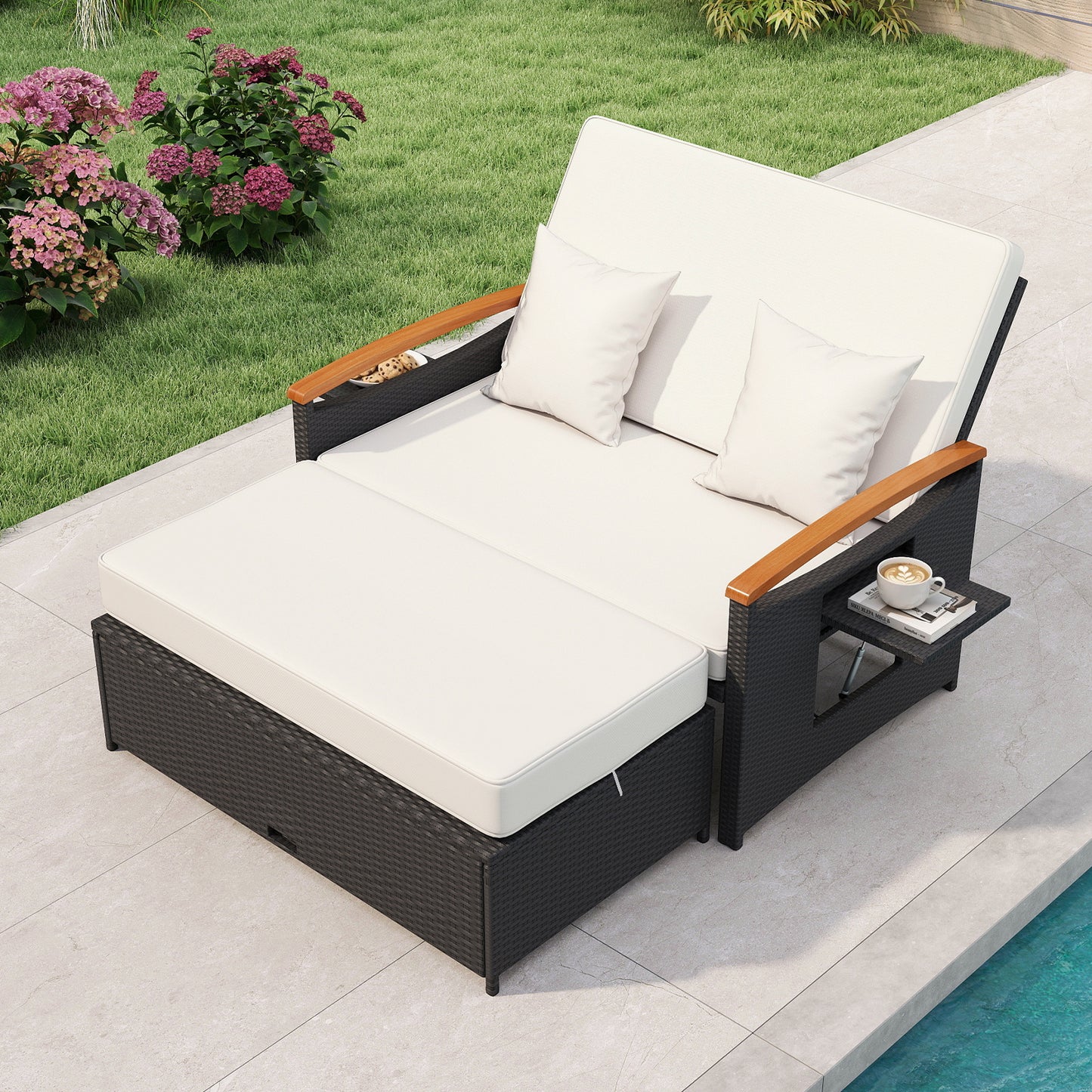 Outdoor Wicker Daybed with Folding Panels and Storage Ottoman, White Outdoor Seating & Patio Chairs at Gallery Canada
