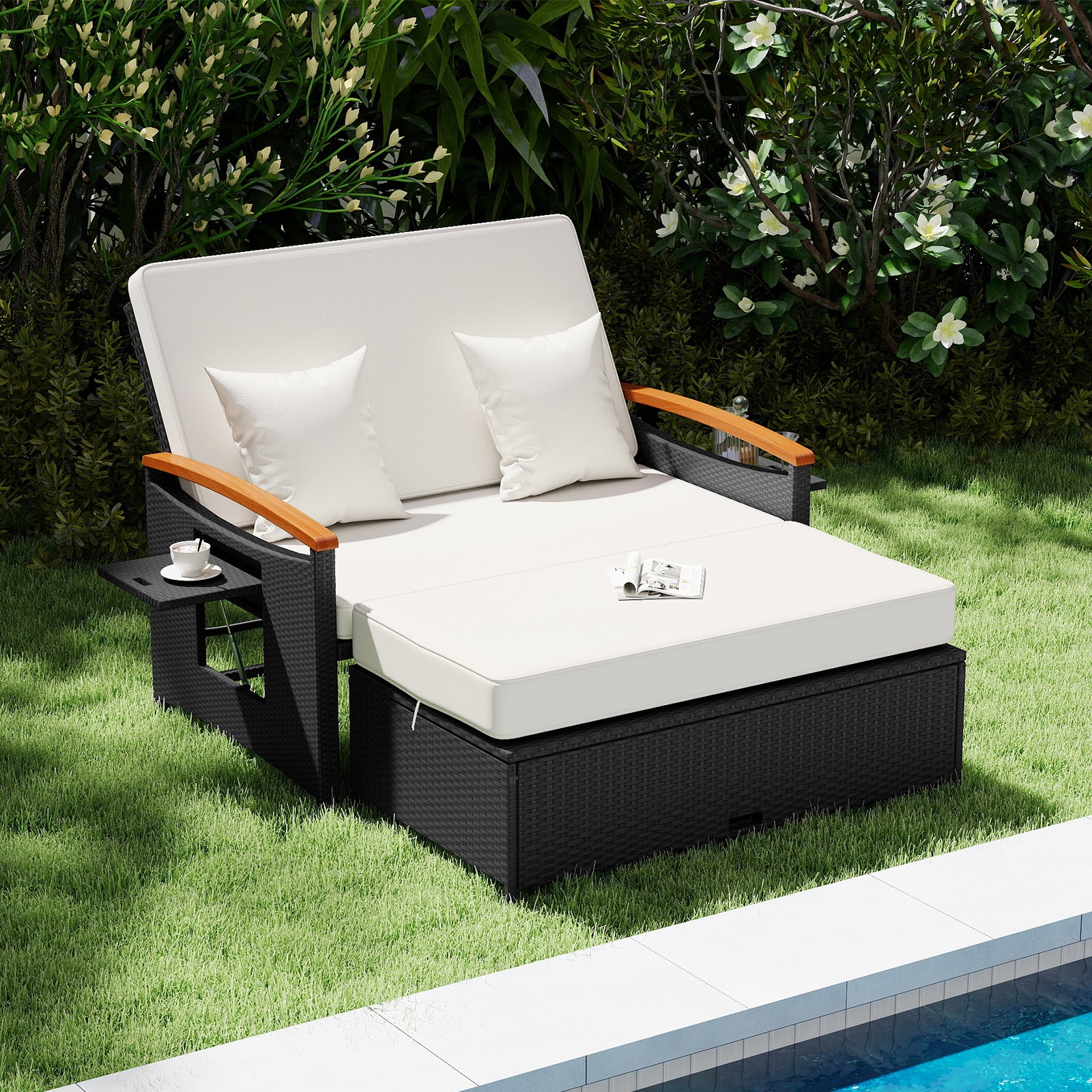 Outdoor Wicker Daybed with Folding Panels and Storage Ottoman, White Outdoor Seating & Patio Chairs at Gallery Canada