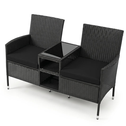 Outdoor Wicker Patio Loveseat, Built-In Glass Side Table, Black Patio Conversation Sets Black at Gallery Canada