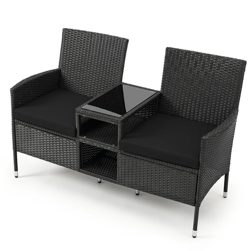 Outdoor Wicker Patio Loveseat, Built-In Glass Side Table, Black