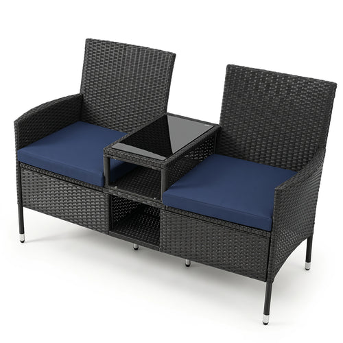 Outdoor Wicker Patio Loveseat with Built-in Glass Side Table, Navy