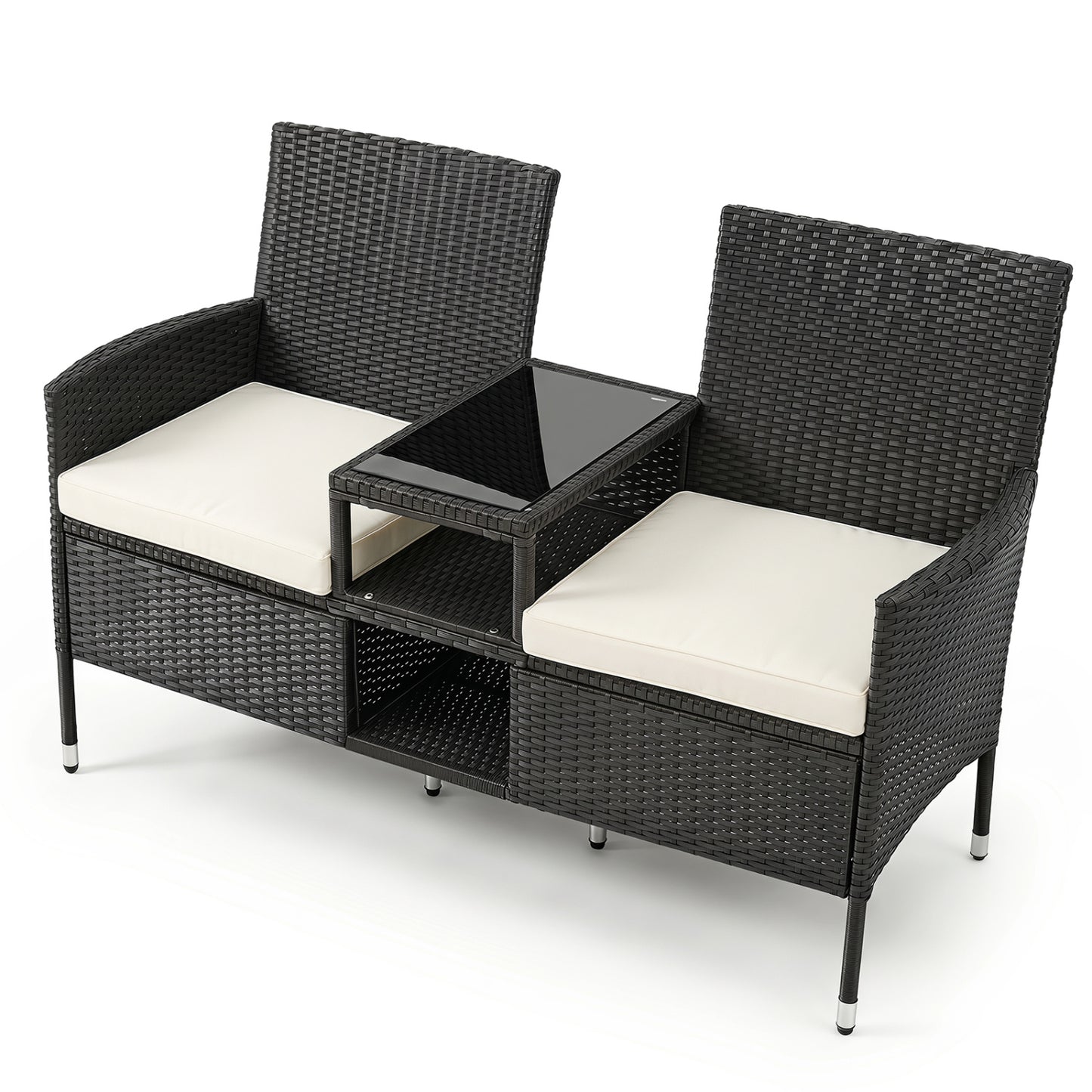Wicker Patio Loveseat with Glass Side Table, White