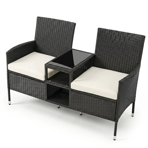 Wicker Patio Loveseat with Glass Side Table, White