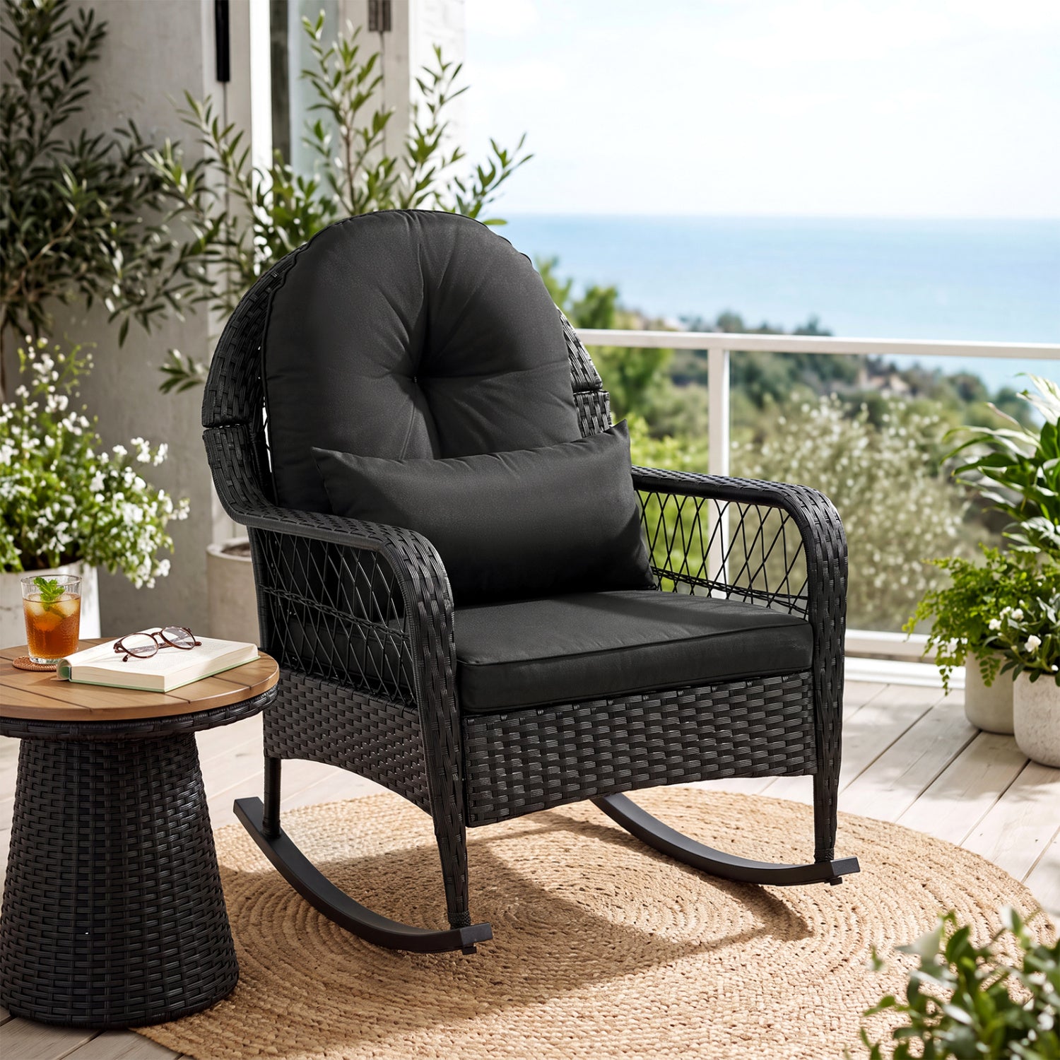 Outdoor Wicker Rocking Chair, Anti-Tip, Thick Cushion, Black Patio Rocking Chairs & Gliders at Gallery Canada