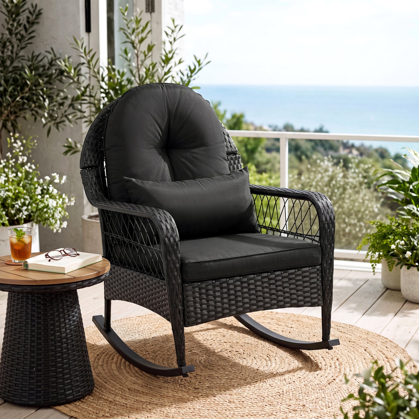 Outdoor Wicker Rocking Chair, Anti-Tip, Thick Cushion, Black Patio Rocking Chairs & Gliders at Gallery Canada