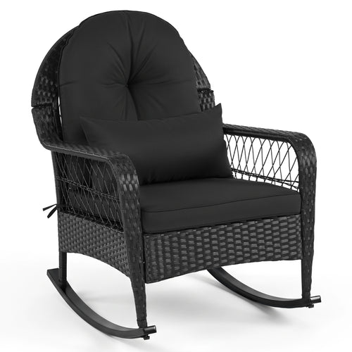 Outdoor Wicker Rocking Chair, Anti-Tip, Thick Cushion, Black