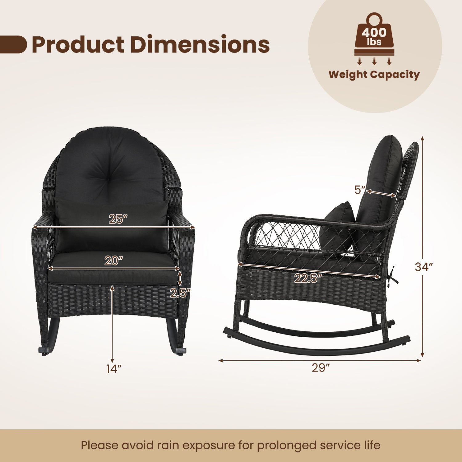 Outdoor Wicker Rocking Chair, Anti-Tip, Thick Cushion, Black Patio Rocking Chairs & Gliders at Gallery Canada