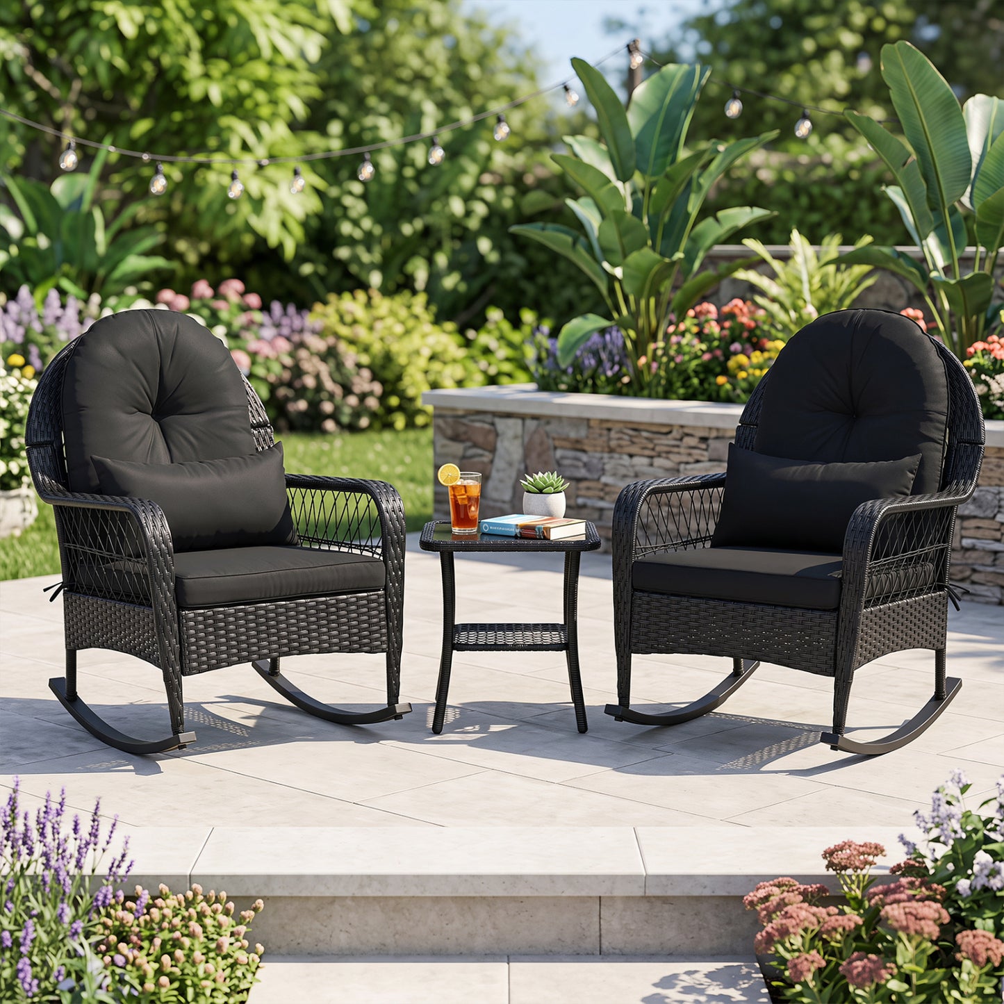 Outdoor Wicker Rocking Chair, Anti-Tip, Thick Cushion, Black Patio Rocking Chairs & Gliders at Gallery Canada