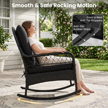 Outdoor Wicker Rocking Chair, Anti-Tip, Thick Cushion, Black Patio Rocking Chairs & Gliders at Gallery Canada