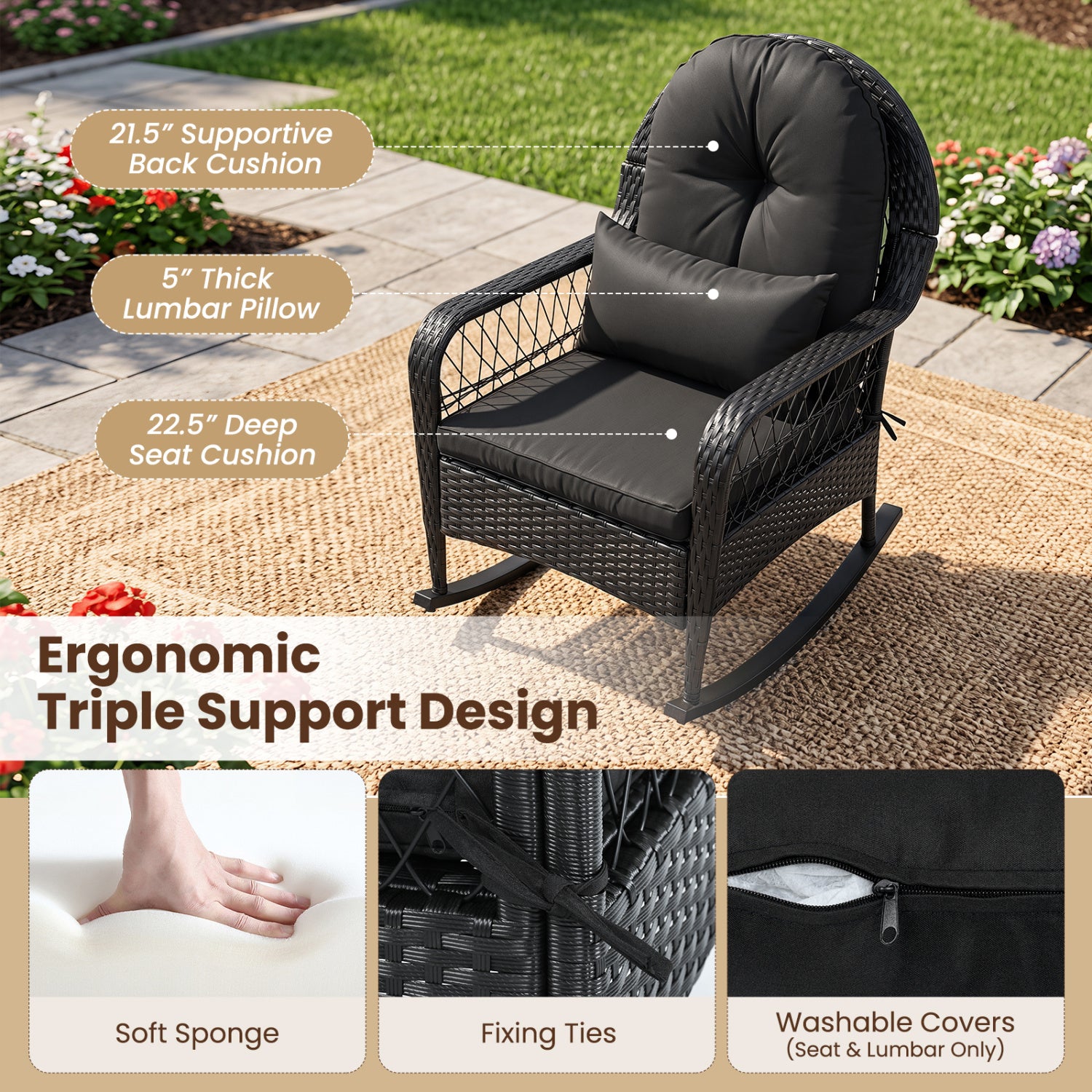 Outdoor Wicker Rocking Chair, Anti-Tip, Thick Cushion, Black Patio Rocking Chairs & Gliders at Gallery Canada