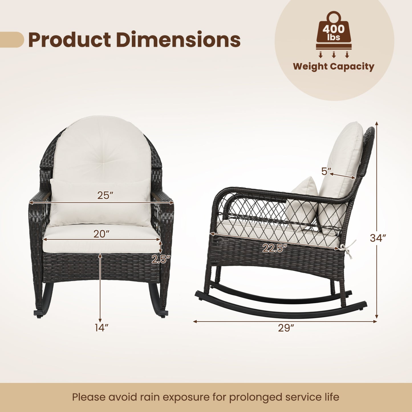 Fauteuil à bascule en osier d'extérieur 400 LBS anti-basculement, blanc