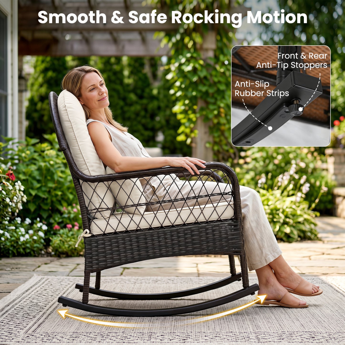 Fauteuil à bascule en osier d'extérieur 400 LBS anti-basculement, blanc