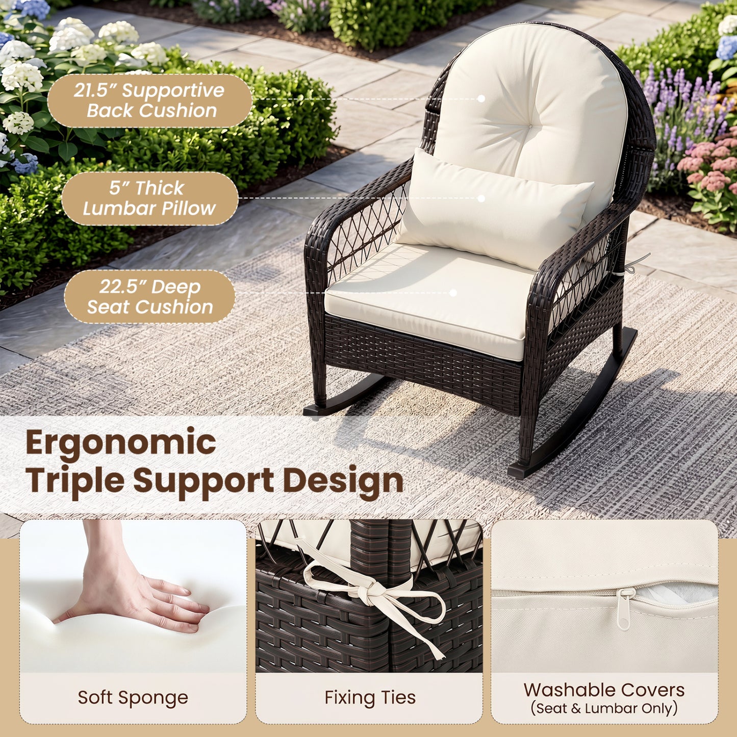 Fauteuil à bascule en osier d'extérieur 400 LBS anti-basculement, blanc