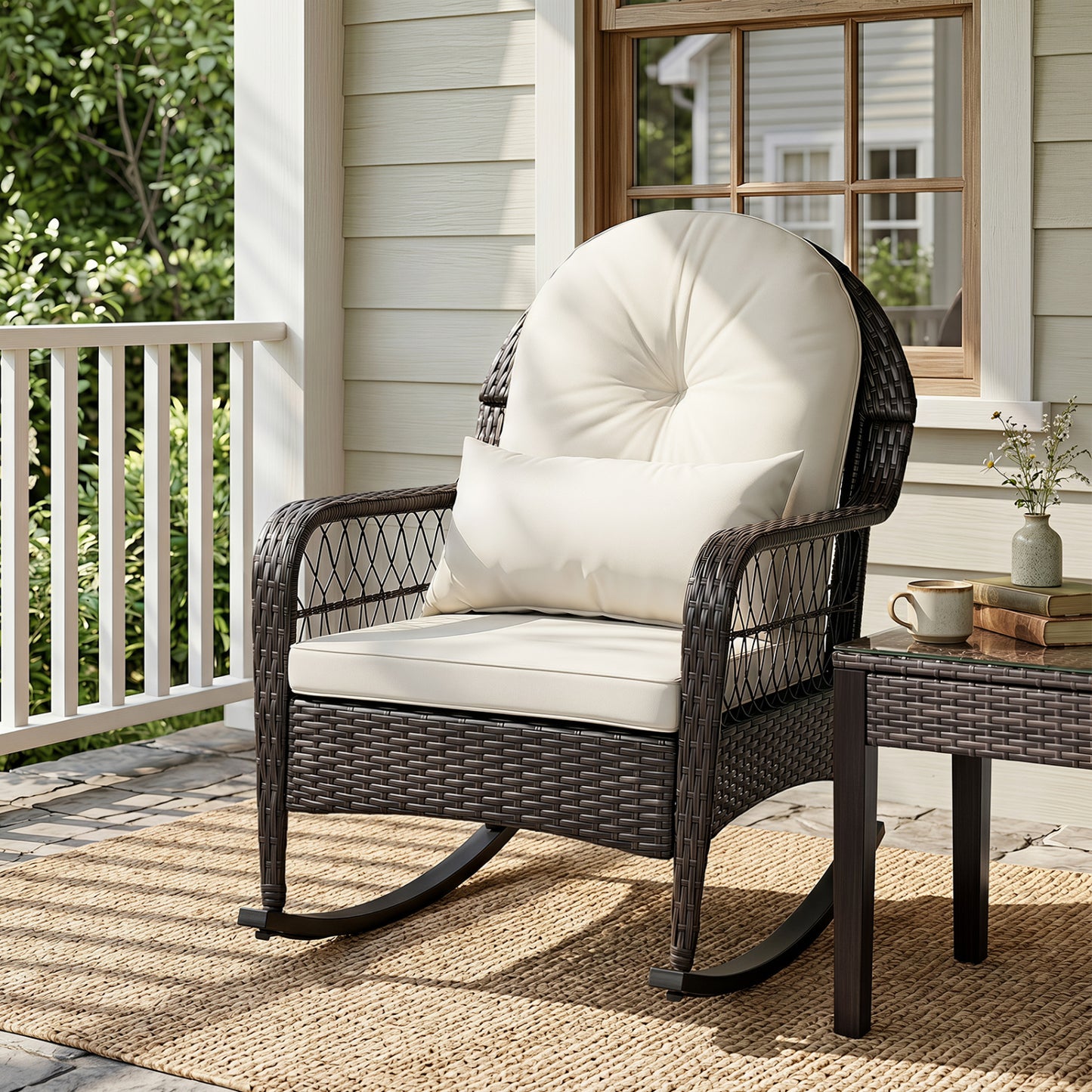 Fauteuil à bascule en osier d'extérieur 400 LBS anti-basculement, blanc