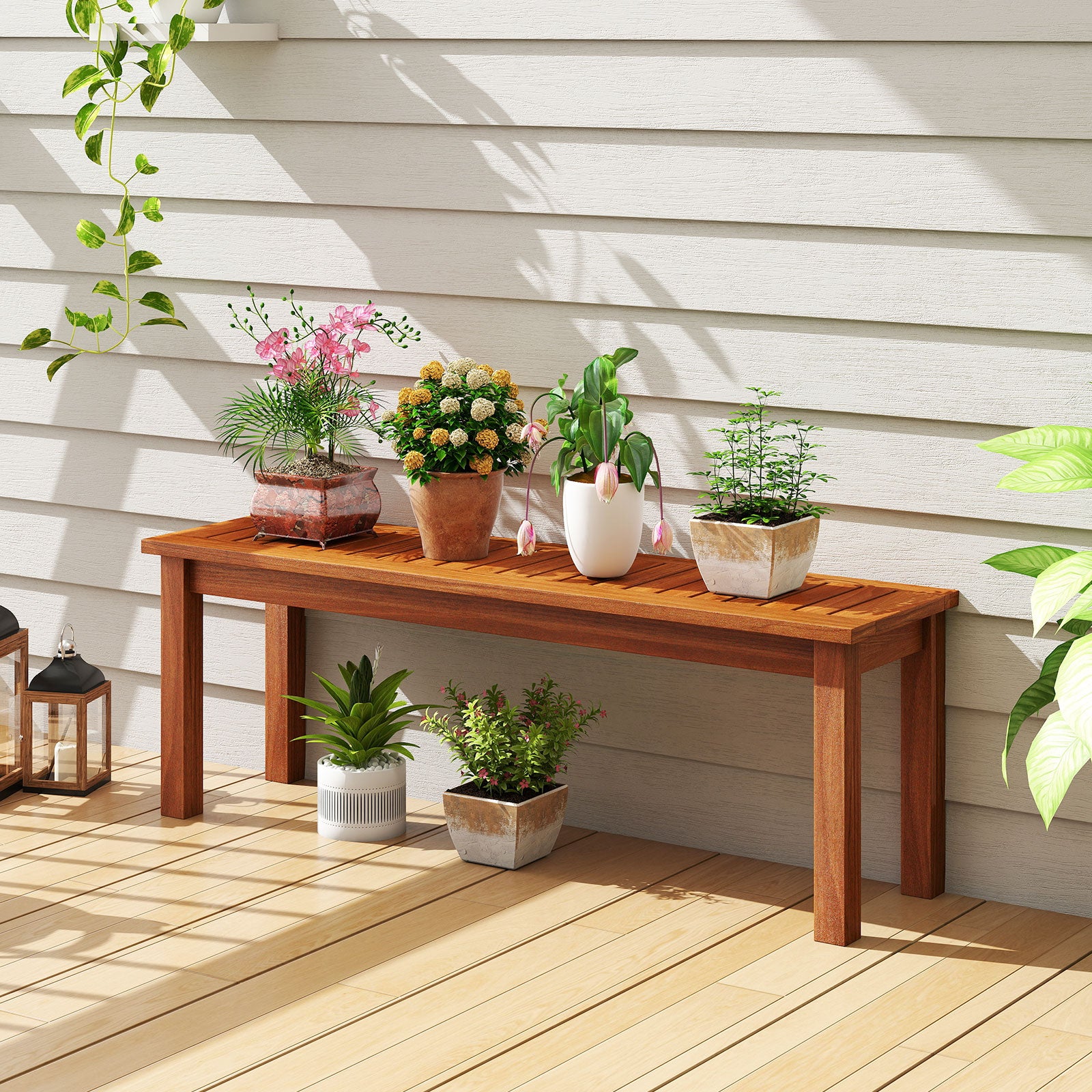 Outdoor Wood Bench 2-Person Backless Patio Garden Bench with Slatted Seat, Natural Outdoor Benches at Gallery Canada