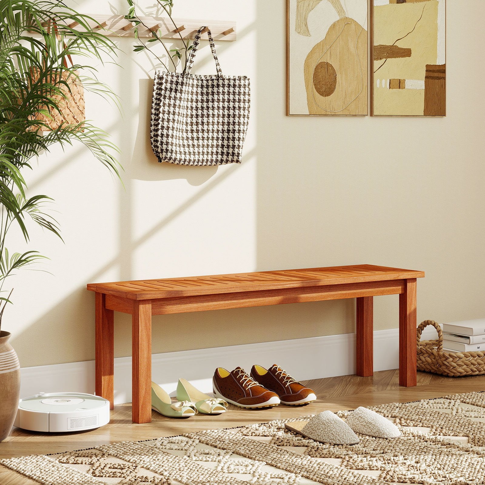 Outdoor Wood Bench 2-Person Backless Patio Garden Bench with Slatted Seat, Natural Outdoor Benches at Gallery Canada